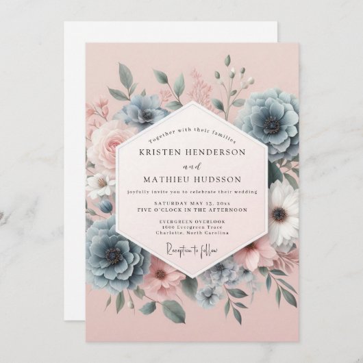 Blush Slate Romantic Bloom Wedding Kaart (Voorkant / Achterkant)