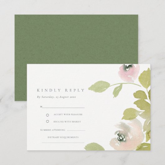 BLUSH SOFT PASTEL WATERVERF FLORAL WEDDING RSVP INFORMATIEKAARTJE (Voorkant / Achterkant)