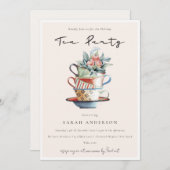 Blush Soft Stacked Cups Holiday Tea Party Bedankkaart (Voorkant / Achterkant)