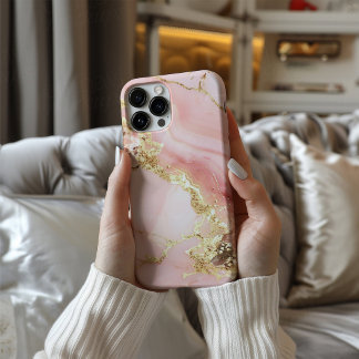 Blush Sovereign – Roze & Gouden Marmeren Hoestekki iPhone 16 Hoesje