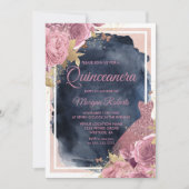 Blush Sparkle Dress & Floral Navy Quinceanera Kaart (Voorkant)