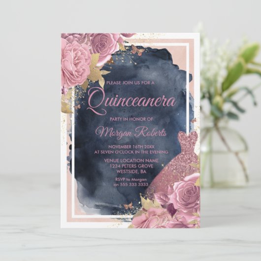 Blush Sparkle Dress & Floral Navy Quinceanera Kaart (Staand voorkant)