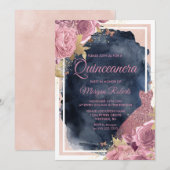 Blush Sparkle Dress & Floral Navy Quinceanera Kaart (Voorkant / Achterkant)