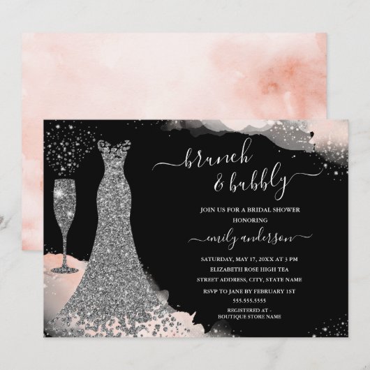 Blush Sparkle Jurk Brunch & Bubbly Bruidsfeest Kaart (Voorkant / Achterkant)
