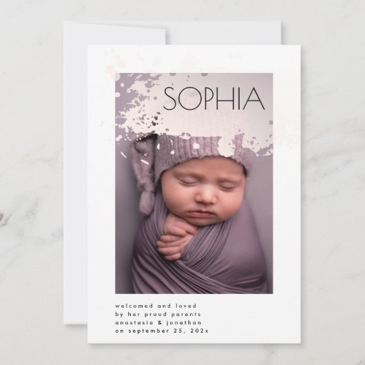 Blush Splash Title Minimalist Newborn Foto Aankondiging (Voorkant)