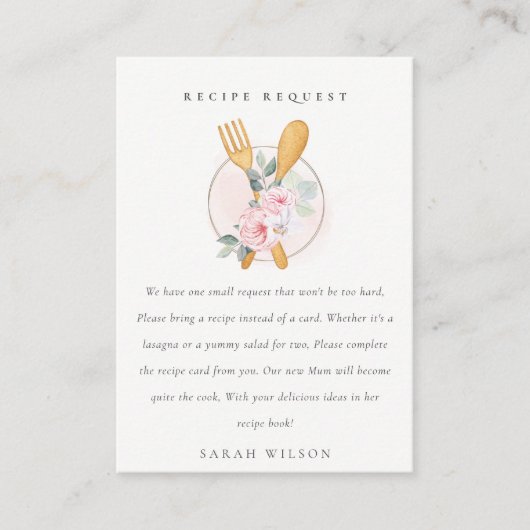 Blush Spoon Fork Floral Recipe Request Baby shower Informatiekaartje (Voorkant)