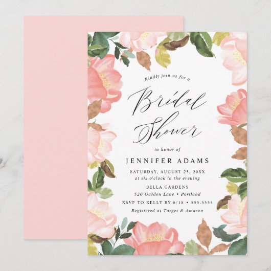 Blush Spring Floral | Bruidsfeest Kaart (Voorkant / Achterkant)
