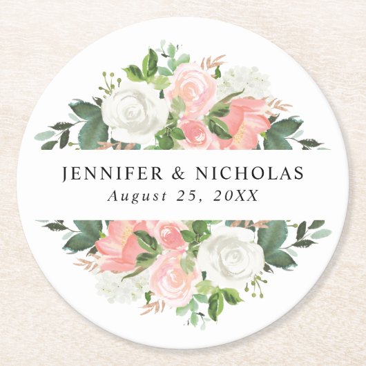 Blush Spring Floral | Gepersonaliseerde bruiloft Ronde Kartonnen Onderzetter (Voorkant)