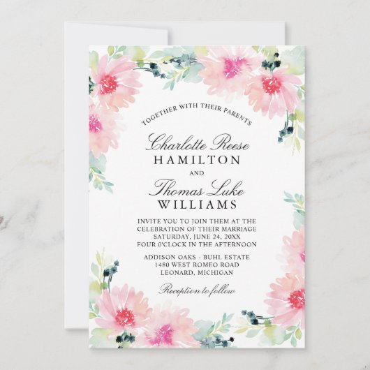  Blush Spring Floral Waterverf Wedding Kaart (Voorkant)