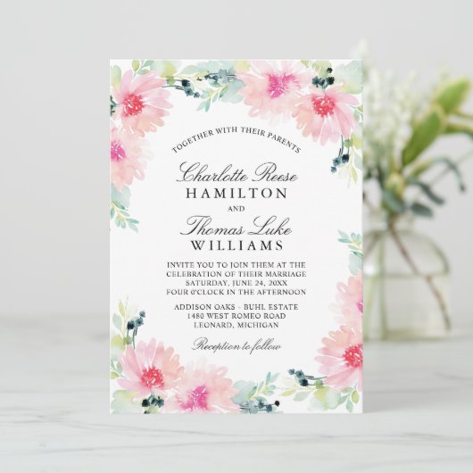  Blush Spring Floral Waterverf Wedding Kaart (Staand voorkant)