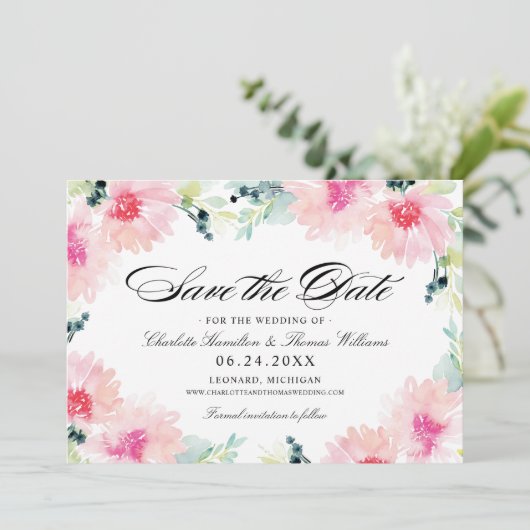 Blush Spring Floral Waterverf Wedding Save The Date (Staand voorkant)