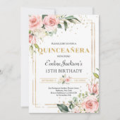 Blush spring roze floral gold glitter quinceanera kaart (Voorkant)