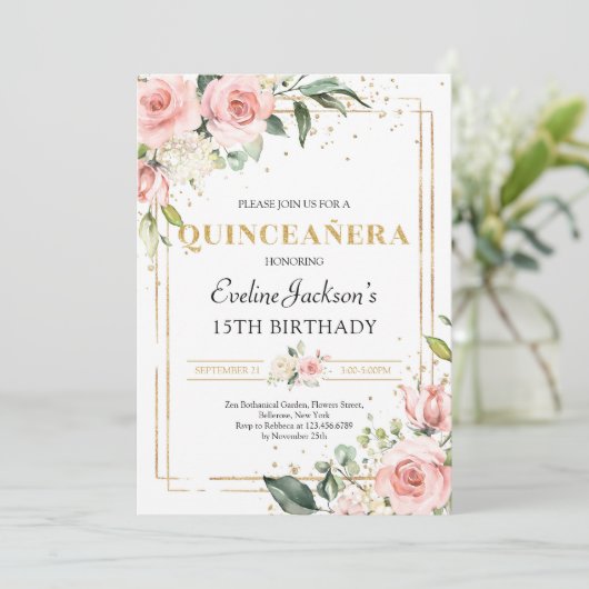 Blush spring roze floral gold glitter quinceanera kaart (Staand voorkant)