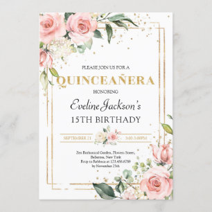 Blush spring roze floral gold glitter quinceanera kaart