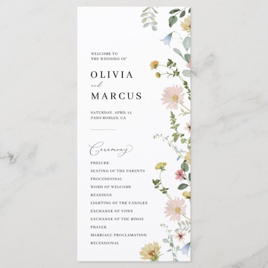 Blush Spring Whimsical Wildflower Elegant Bruiloft Programmakaart (Voorkant)