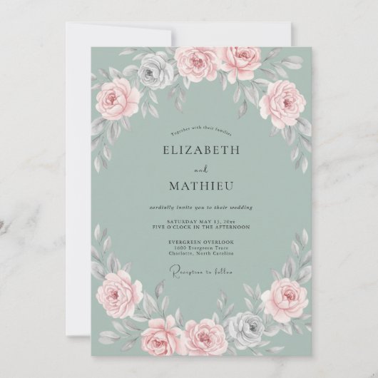 Blush Staal Aqua Bloem Huwelijk Kaart (Voorkant)