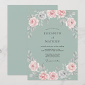 Blush Staal Aqua Bloem Huwelijk Kaart (Voorkant / Achterkant)