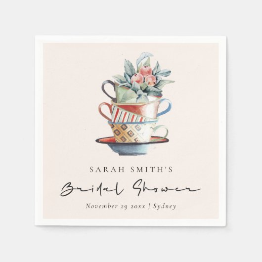 Blush Stapelde bekers Floral Vrijgezellenfeest Tea Servet (Voorkant)