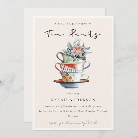 Blush Stapelde bekers vanmiddag Tea Party nodigt u Bedankkaart (Voorkant / Achterkant)