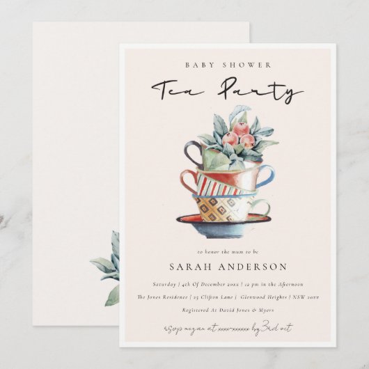 Blush Stapelde bekertjes Baby shower Tea Party nod Bedankkaart (Voorkant / Achterkant)