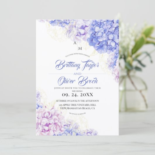 Blush Stof- en Navy Blue Hortensia Bruiloft Kaart (Staand voorkant)