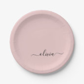 Blush Stof Roze Meisjesachtig Script Monogram Naam Papieren Bordje (Voorkant)