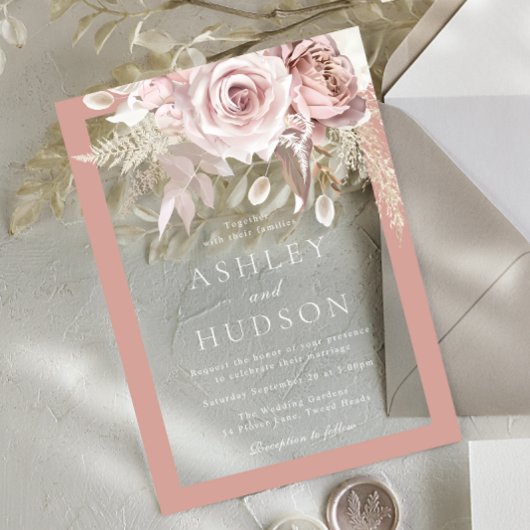 Blush & Stof Roze Rand Bloem Bruiloft Acryl Uitnodigingen