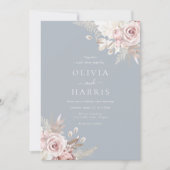 Blush, Stoffig Blauw & Ivoor Elegant Bloemen Bruil Kaart (Voorkant)