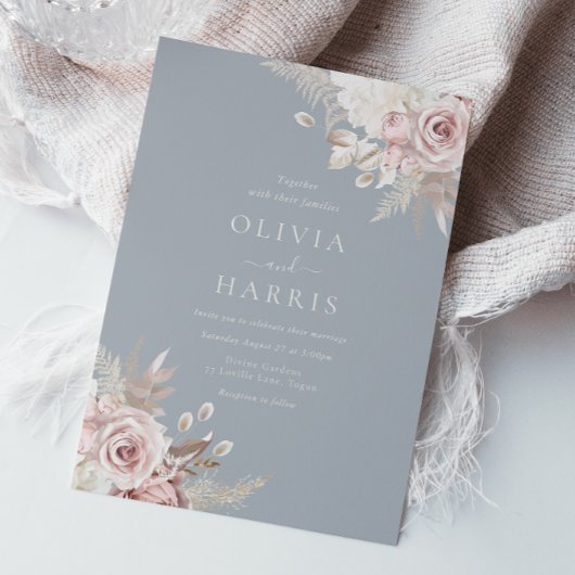 Blush, Stoffig Blauw & Ivoor Elegant Bloemen Bruil Kaart