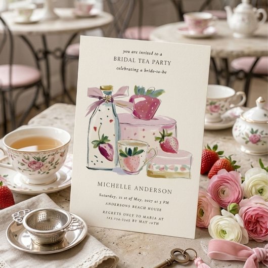 Blush Strawberry Theepartij QR Code Bruidsuitnodig Kaart