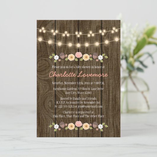 Blush String of Lights Herfst Rustiek Baby shower Kaart (Staand voorkant)