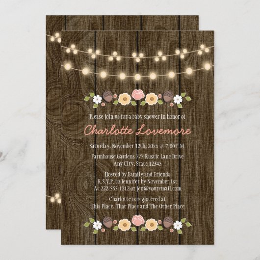 Blush String of Lights Herfst Rustiek Baby shower Kaart (Voorkant / Achterkant)