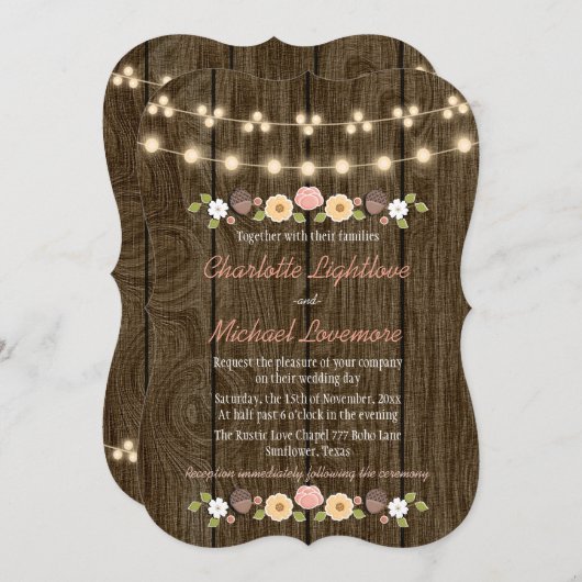 Blush String of Lights Herfst Rustieke Acorn Bruil Kaart (Voorkant / Achterkant)