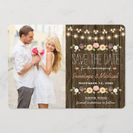 Blush String of Lights Rustic Save the Date Kaart
