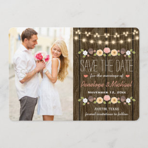 Blush String of Lights Rustic Save the Date Kaart