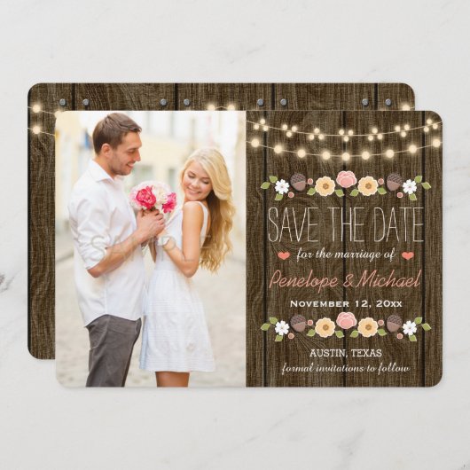 Blush String of Lights Rustic Save the Date Kaart (Voorkant / Achterkant)