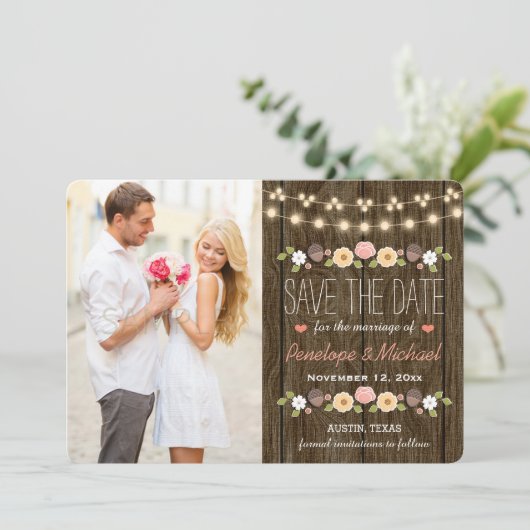 Blush String of Lights Rustic Save the Date Kaart (Staand voorkant)