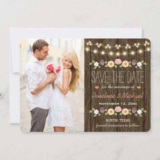 Blush String of Lights Rustic Save the Date Kaart (Voorkant)
