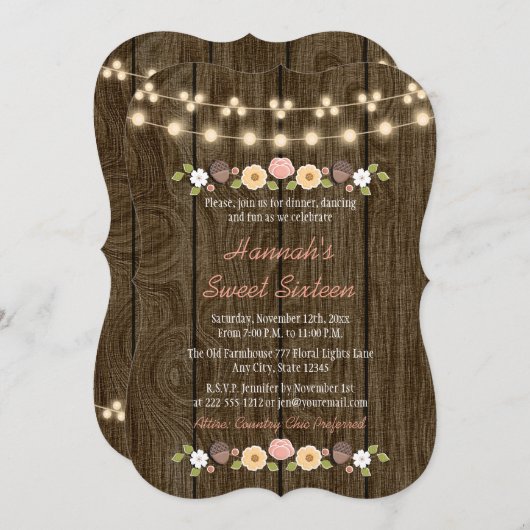 Blush String of Lights Rustic Sweet 16 Kaart (Voorkant / Achterkant)