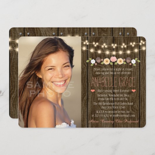 Blush String of Lights Rustic Sweet Sixteen Kaart (Voorkant / Achterkant)