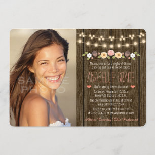 Blush String of Lights Rustic Sweet Sixteen Kaart