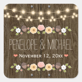 Blush String of Lights Rustieke Herfst Acorn Bruil Vierkante Sticker