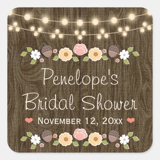 Blush String of Lights Rustieke Herfst Vrijgezelle Vierkante Sticker (Voorkant)