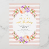 Blush Stripe and Bloom Birthday Brunch Party Folie Uitnodiging (Voorkant)
