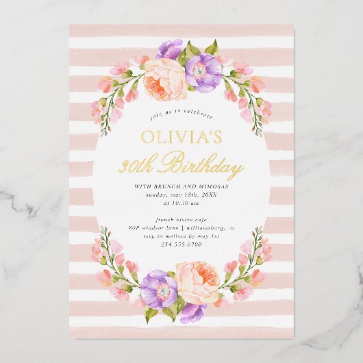 Blush Stripe and Bloom Birthday Brunch Party Folie Uitnodiging (Voorkant)