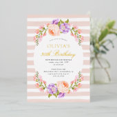 Blush Stripe and Bloom Birthday Brunch Party Folie Uitnodiging (Staand Voorkant)
