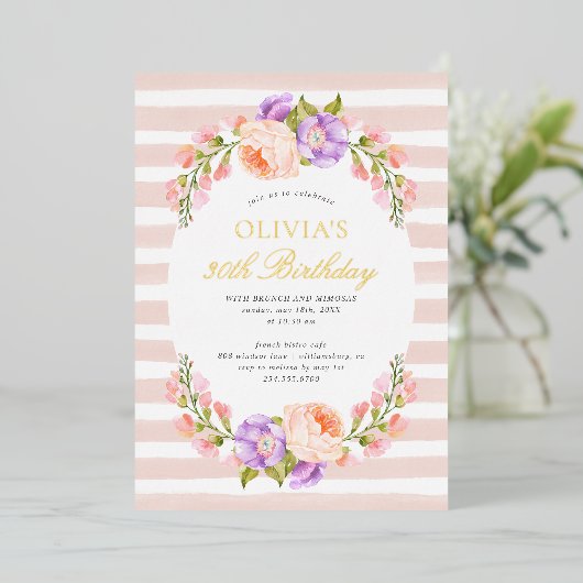 Blush Stripe and Bloom Birthday Brunch Party Folie Uitnodiging (Staand Voorkant)