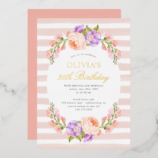 Blush Stripe and Bloom Birthday Brunch Party Folie Uitnodiging (Voorkant / Achterkant)