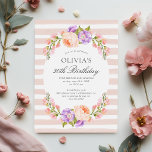 Blush Stripe and Bloom Birthday Brunch Party Kaart<br><div class="desc">Betaalbare aangepaste gedrukte uitnodigingen voor de 30e verjaardagsbrunch die zijn afgestemd op uw gebeurtenisgegevens. Dit botanische ontwerp is voorzien van een waterverf lijst perzik en lavenderbloemen op een zwarte, gestreepte achtergrond. Gebruik de ontwerphulpmiddelen om de tekst aan te passen, de doopvonten en de kleuren uit te geven of uw eigen...</div>