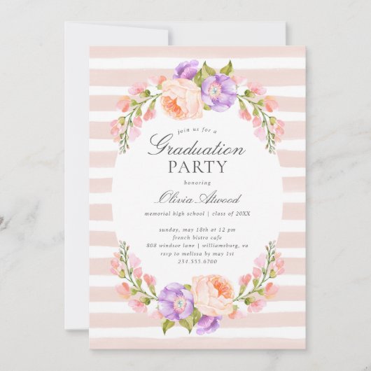 Blush Stripe and Bloom Graduation Party Kaart (Voorkant)